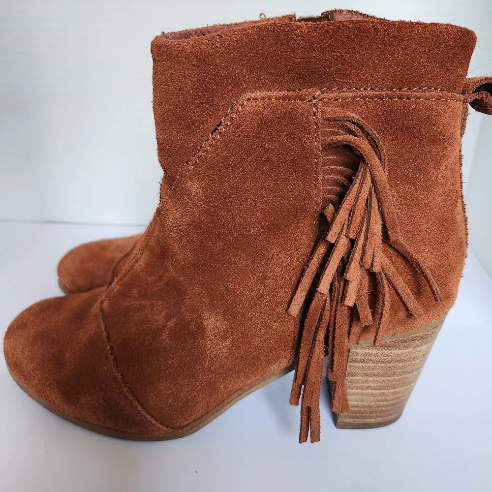 Toms Fringe Suede Ankle Boots - Brown Rust Pumpkin Womens 7.5